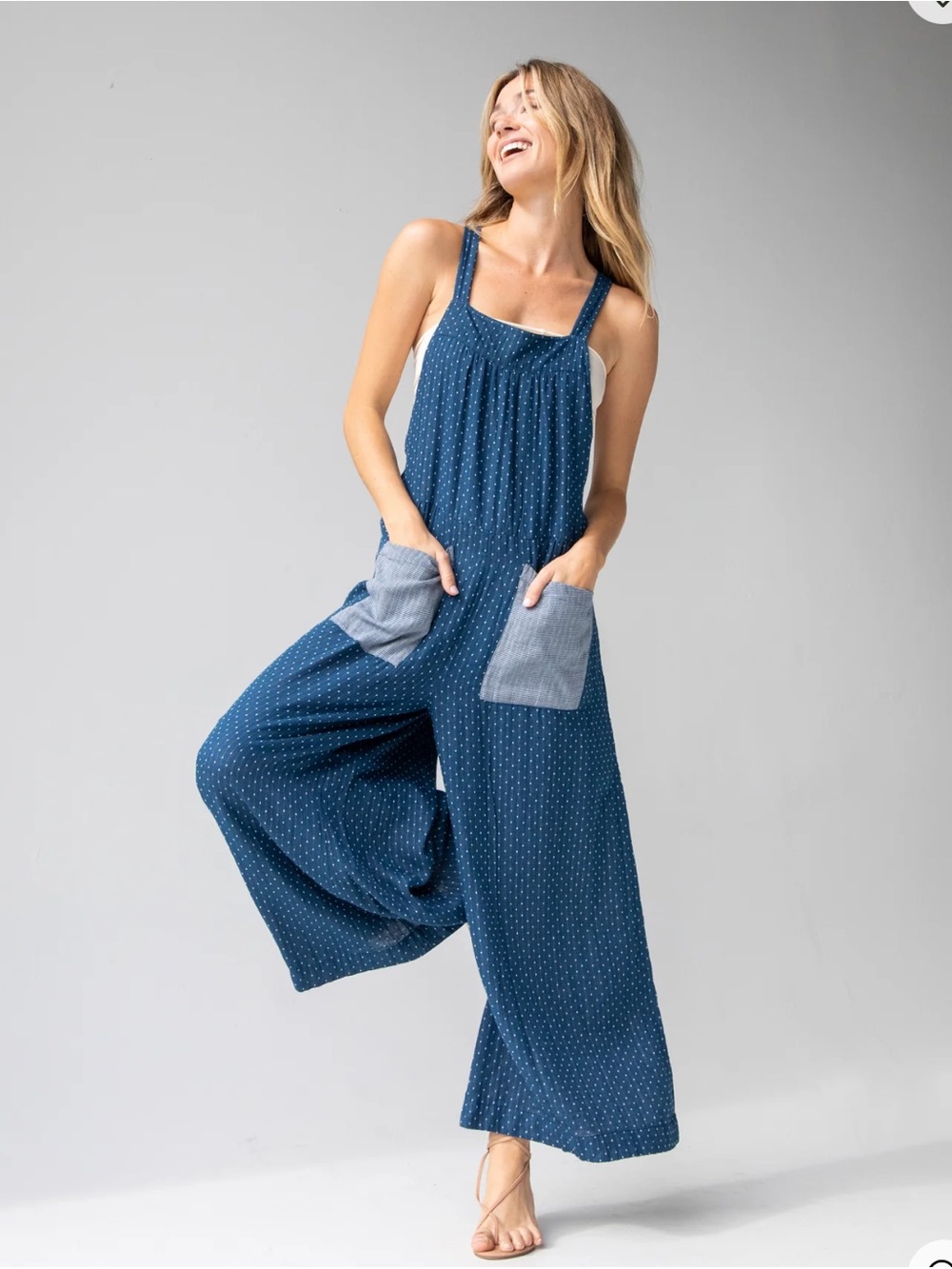 Blue Polka Dot Wide-Leg Jumpsuit with Contrast Pockets